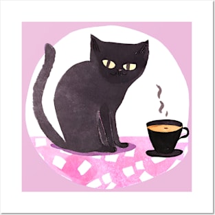 Cute Watercolor Coffee Cup and Black Cat Posters and Art